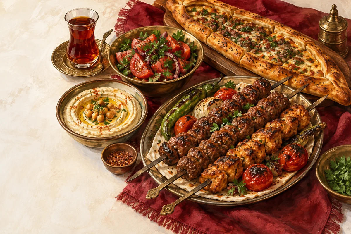 Ilustração de uma mesa turca com kebap, pide, homos e chá